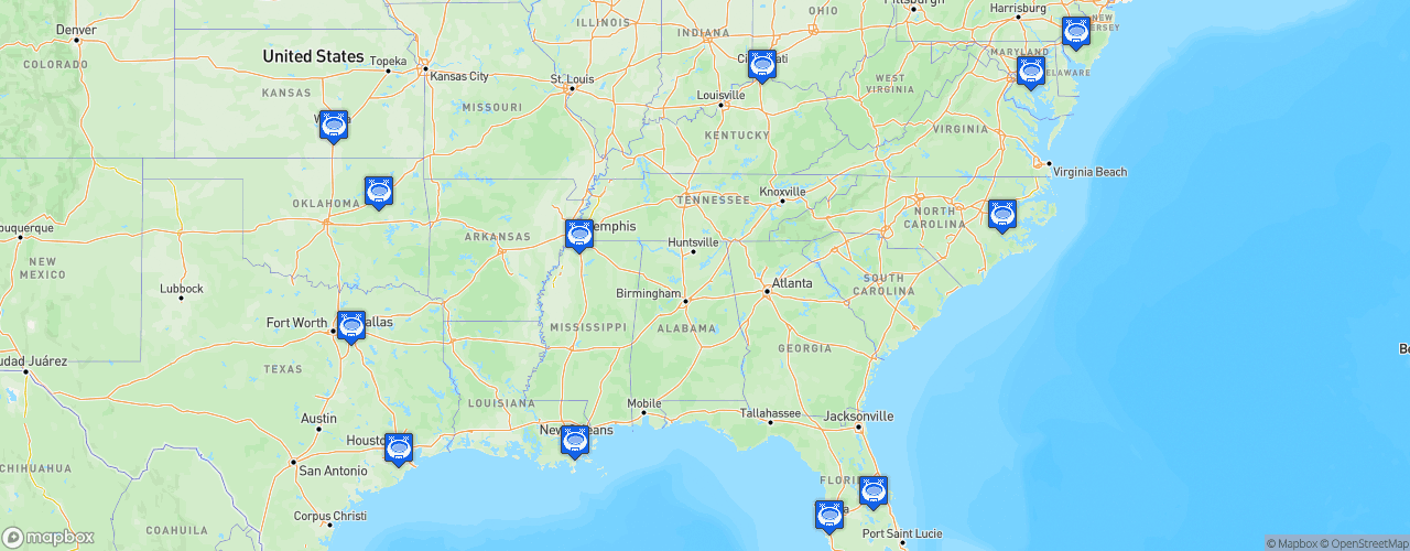 Static Map of American Athletic Conference Football - Saison 2022