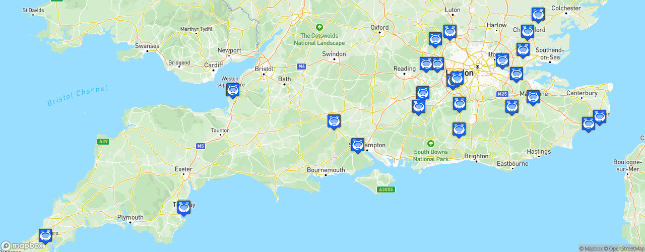 Static Map of The National League South - Saison 2026-2027 - Vanarama